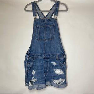 American Eagle AE Large Tomgirl Shortall Blue Denim Jean Distressed Overalls Bib